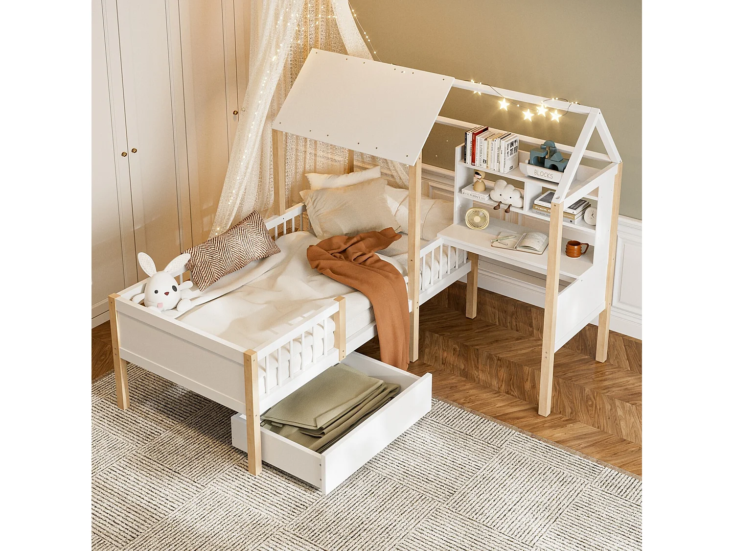 Lit cabane 90 x 200 cm avec bureau en forme de L et étagère - tiroir avec roulettes - Bois massif et MDF - Blanc