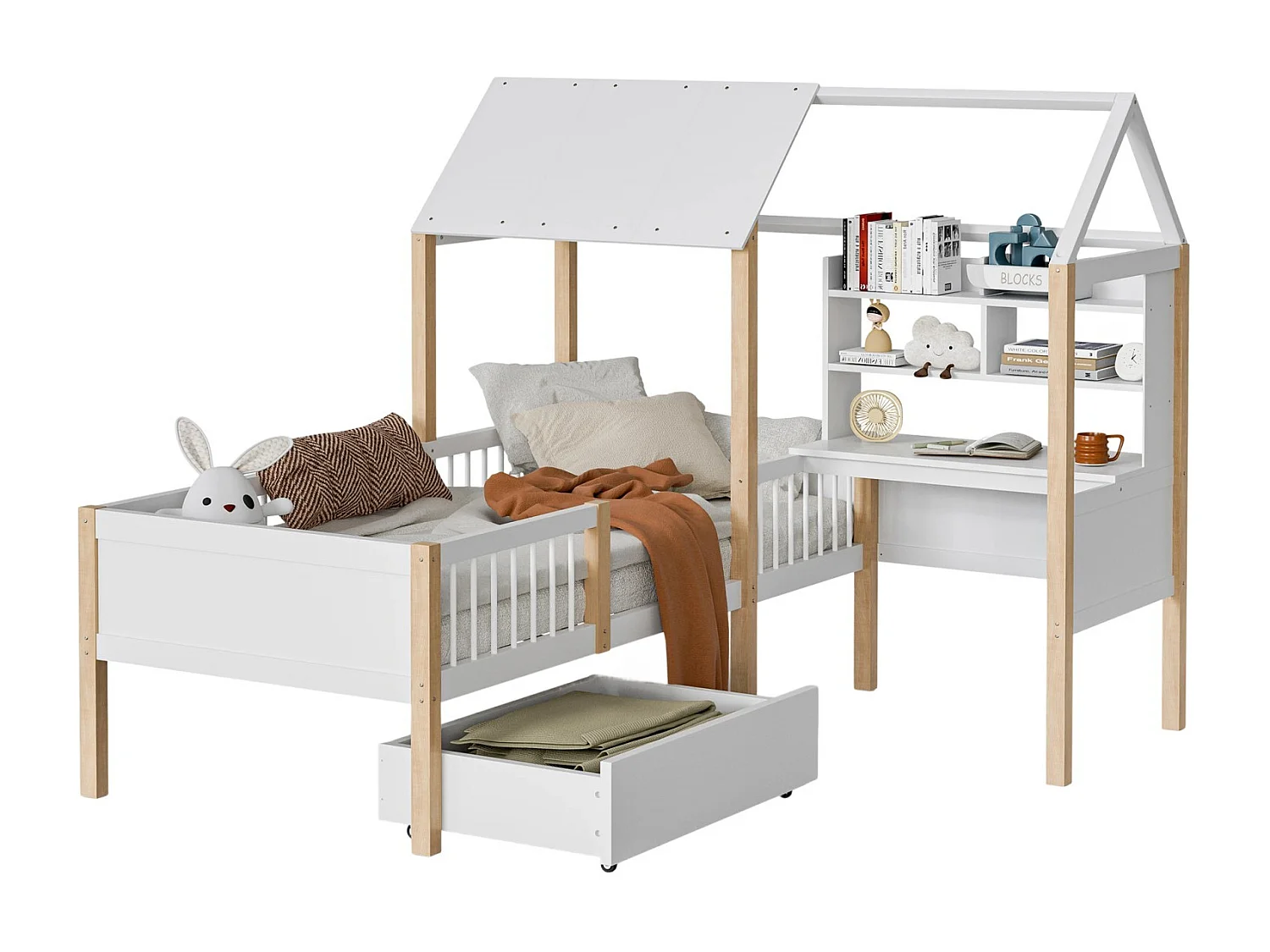 Lit cabane 90 x 200 cm avec bureau en forme de L et étagère - tiroir avec roulettes - Bois massif et MDF - Blanc