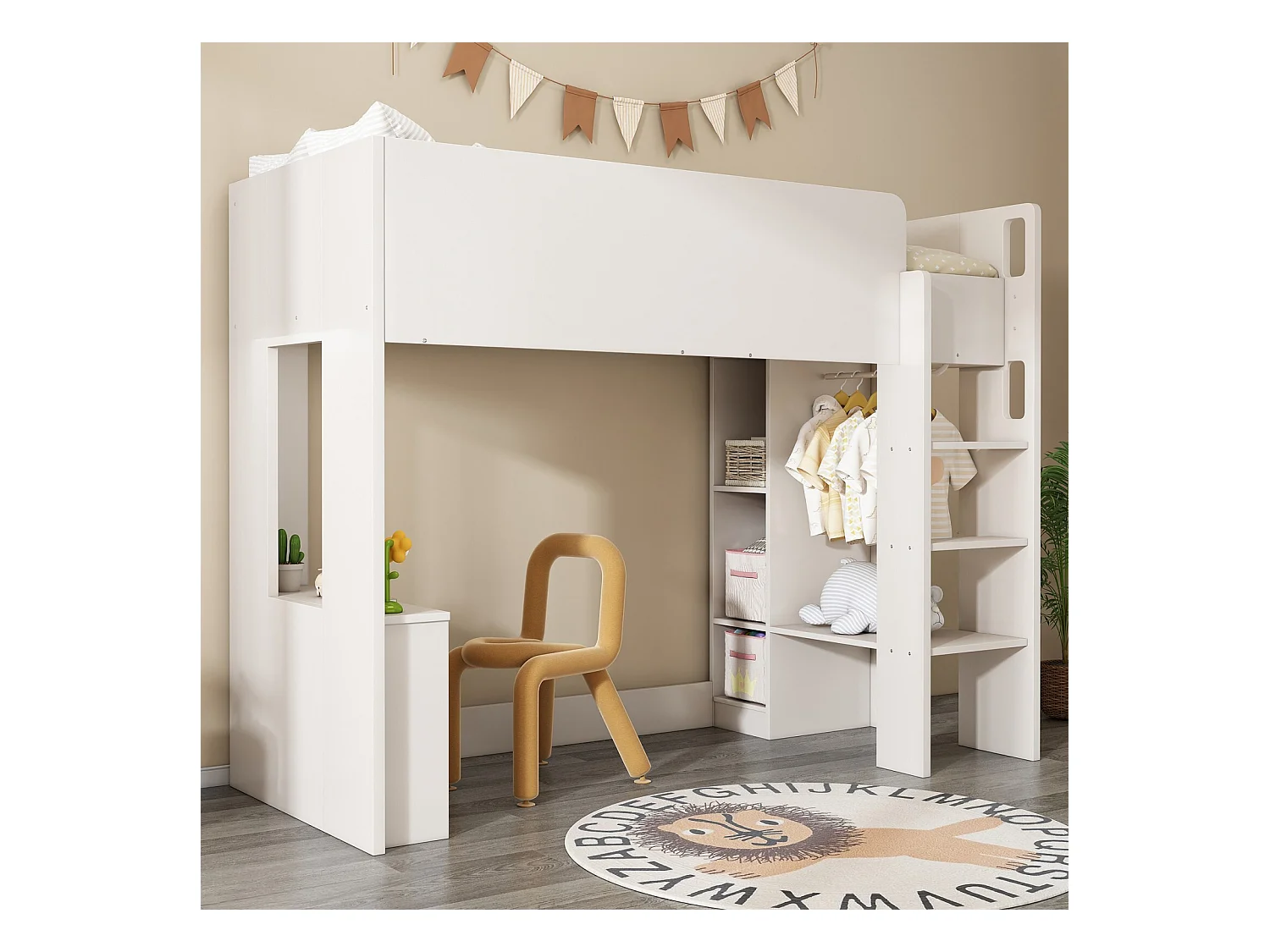 Lit mezzanine 90 x 200 cm avec bureau, niches, armoire, étagères et escaliers - Panneau de particule - Blanc