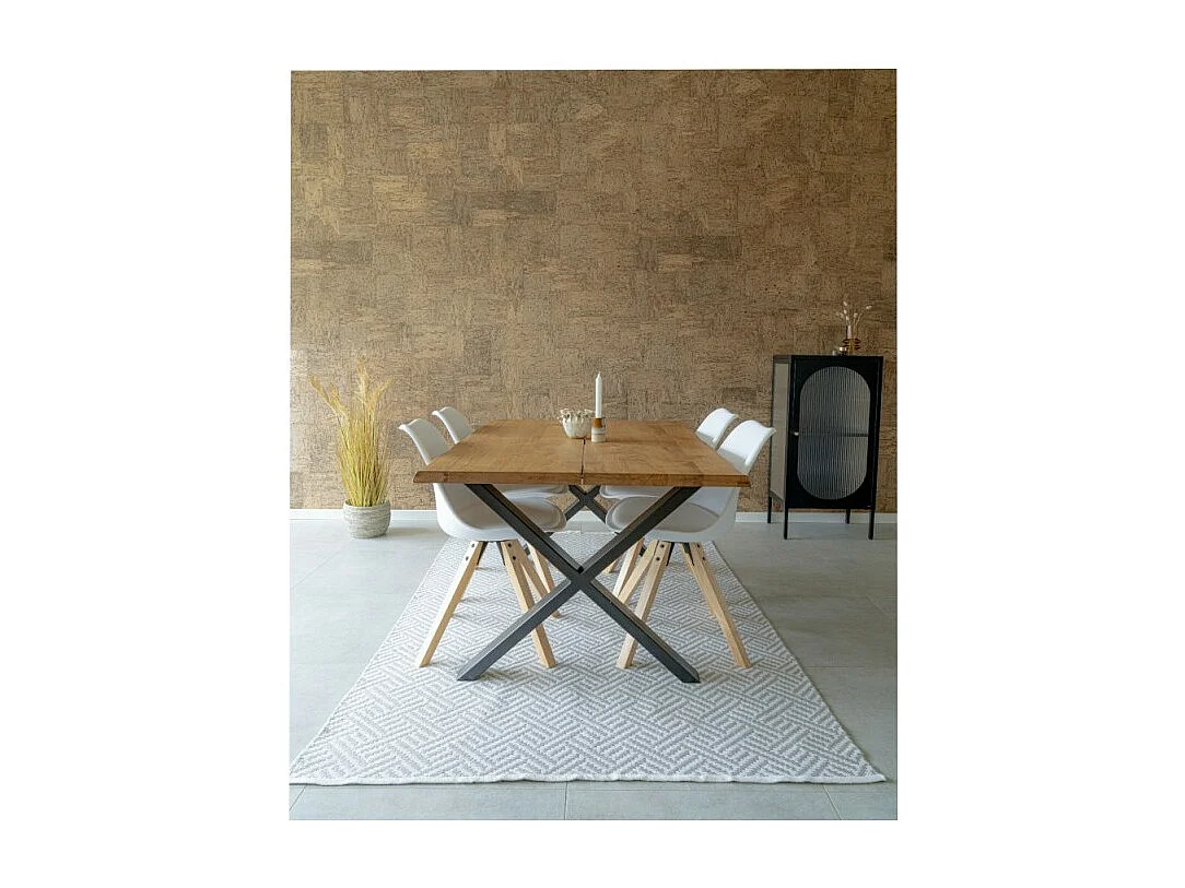 Mesa de comedor en cuero blanco con pie de madera