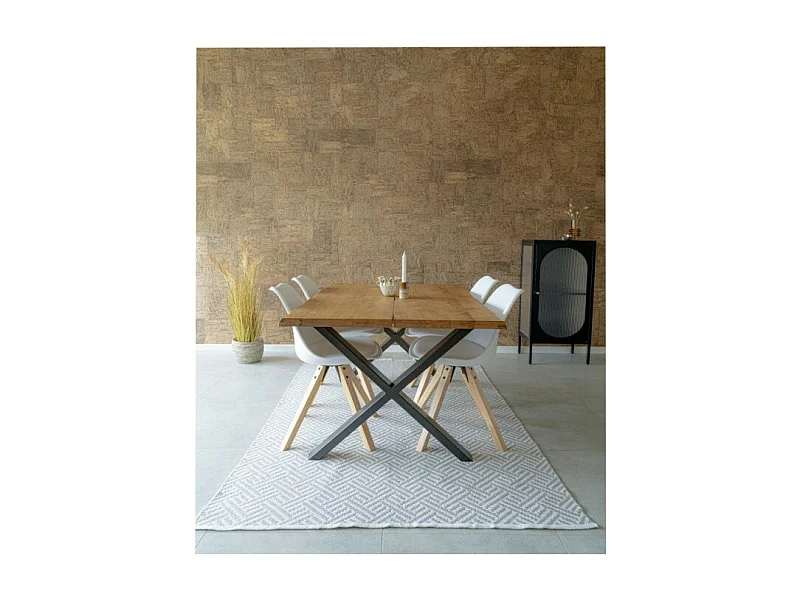 Mesa de comedor en cuero blanco con pie de madera