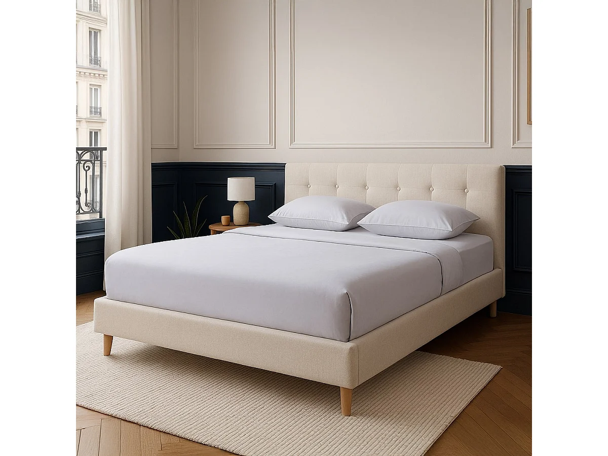 Lit adulte 160x200 cm avec tête de lit capitonnée en tissu beige - Milo