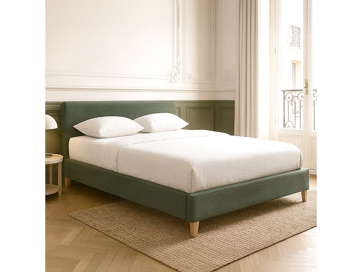 Lit adulte 180x200 cm avec tête de lit capitonnée en velours côtelé vert kaki - Milo