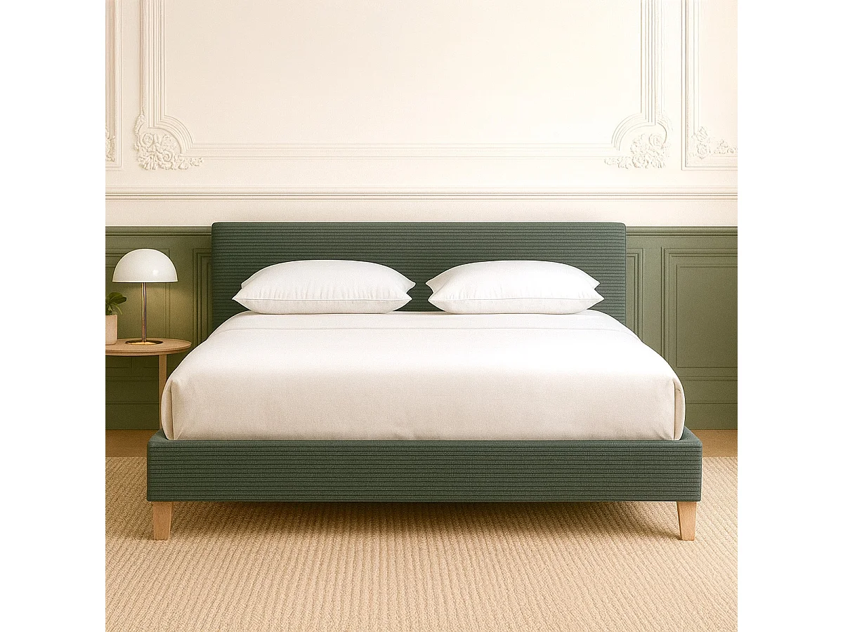 Lit adulte 180x200 cm avec tête de lit capitonnée en velours côtelé vert kaki - Milo