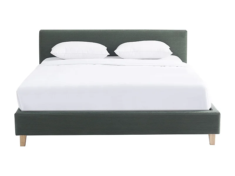 Lit adulte 180x200 cm avec tête de lit capitonnée en velours côtelé vert kaki - Milo