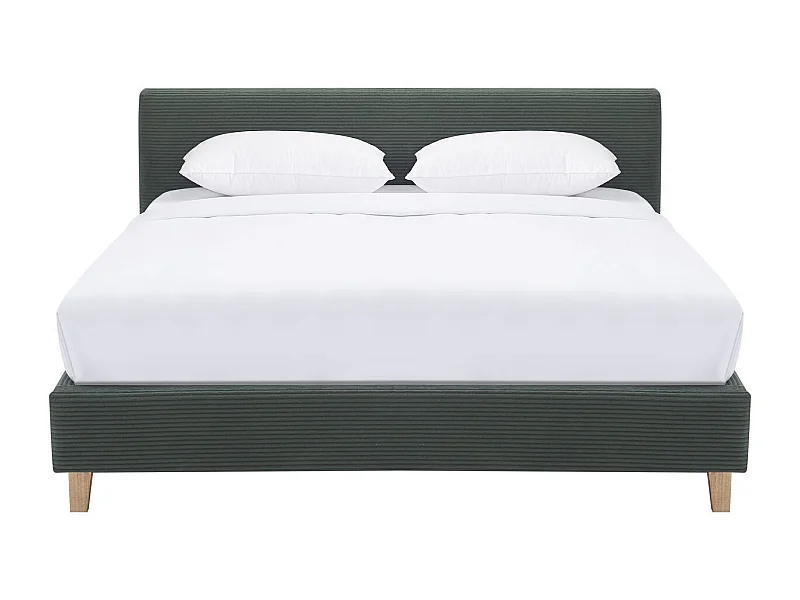 Lit adulte 160x200 cm avec tête de lit capitonnée en velours côtelé vert kaki - Milo