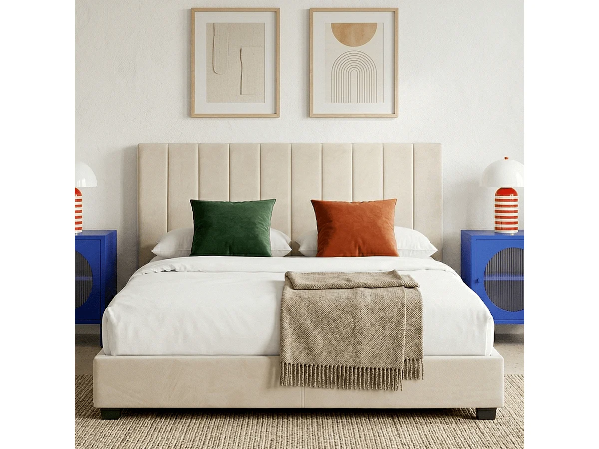 Lit adulte 140x190 cm avec tête de lit capitonnée en velours beige - William