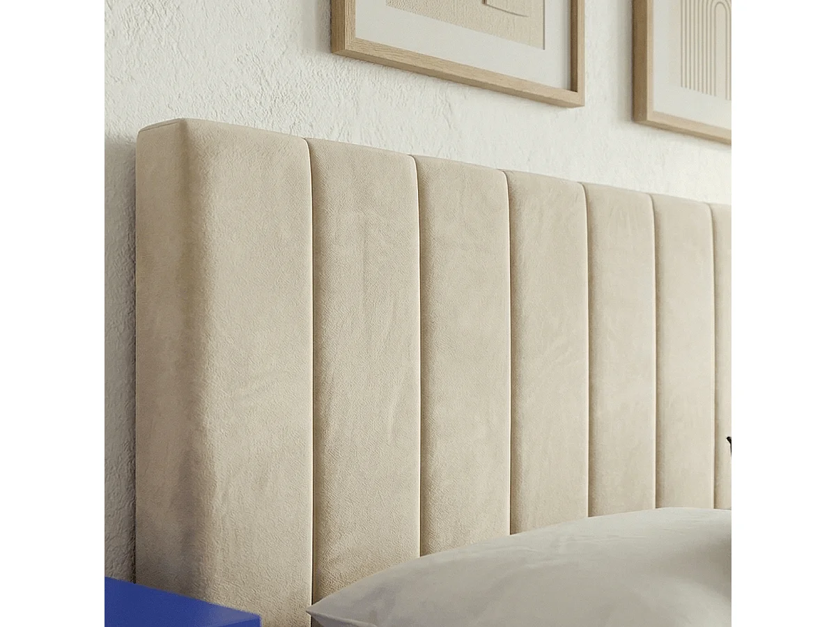 Lit adulte 140x190 cm avec tête de lit capitonnée en velours beige - William