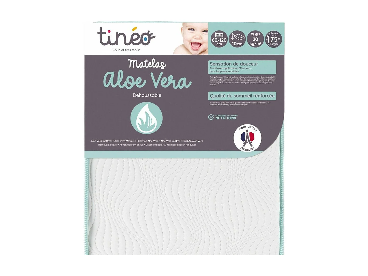 Matelas bébé 60 x 120 x 10 cm - Peau Sensible - Propriétés Anti Bactériennes/Allergenes