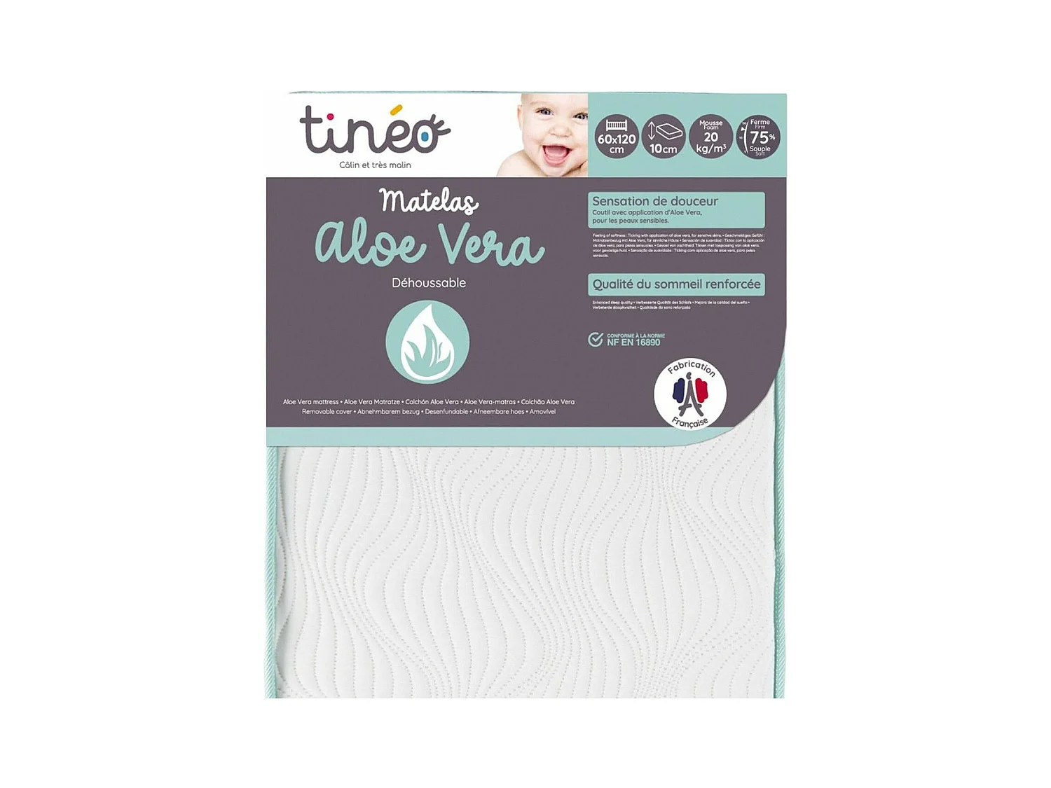 Matelas bébé 60 x 120 x 10 cm - Peau Sensible - Propriétés Anti Bactériennes/Allergenes