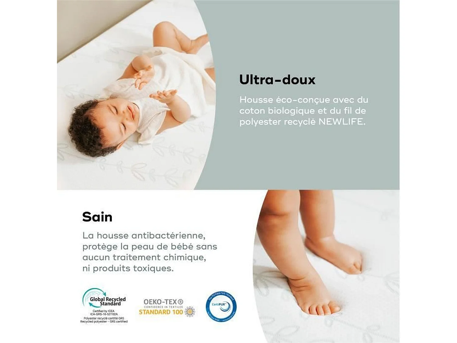 Matelas Antibactérien, élimine naturellement les bactéries, 70 x 140 cm