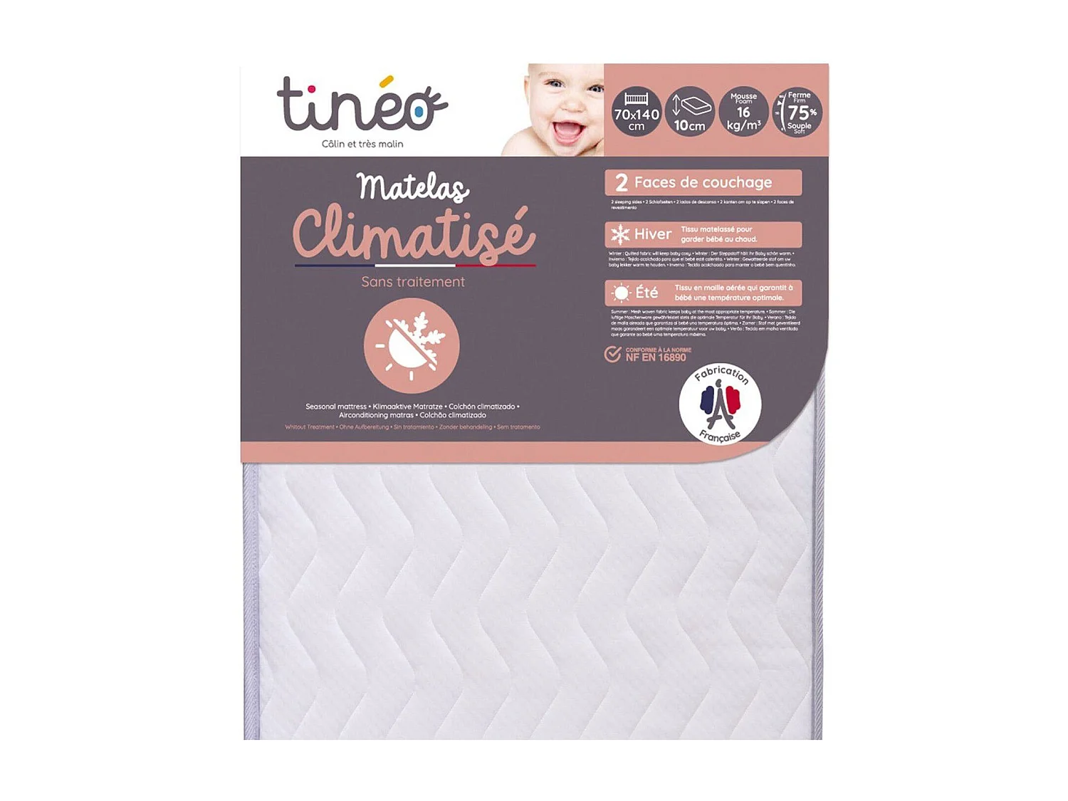 Matelas bébé climatisé 70 x 140 x 10 cm - 1 face été, 1 face hiver