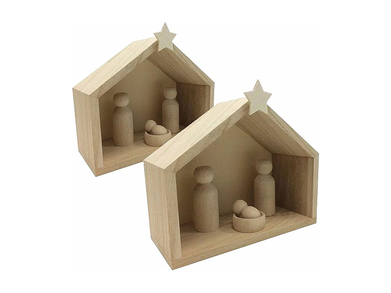 2 houten kerststallen + pionnen 18 x 8 x 15 cm