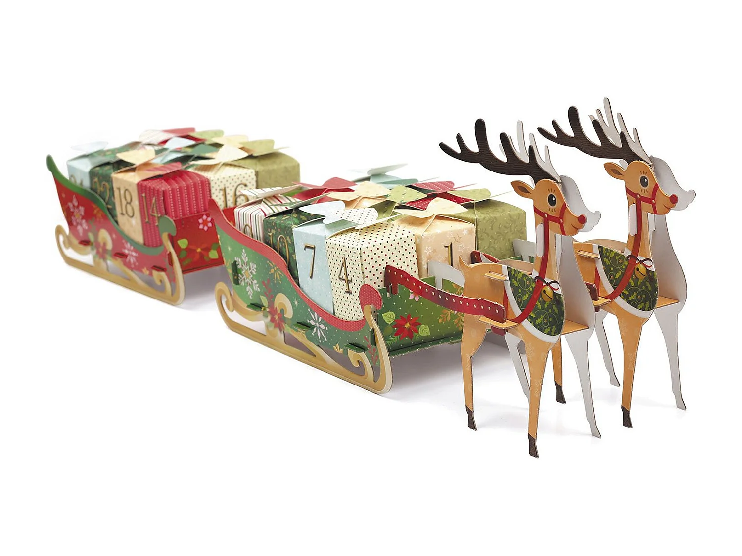 Adventskalender Rentiere und Weihnachtsschlitten zum Bauen