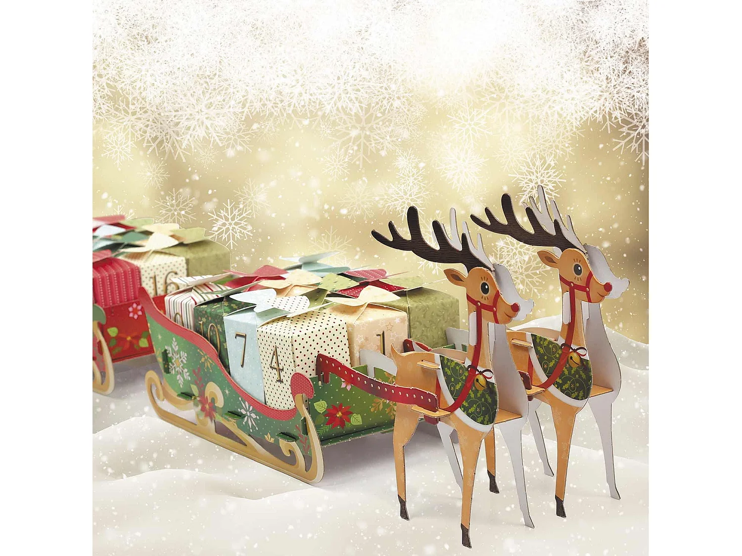 Adventskalender Rentiere und Weihnachtsschlitten zum Bauen
