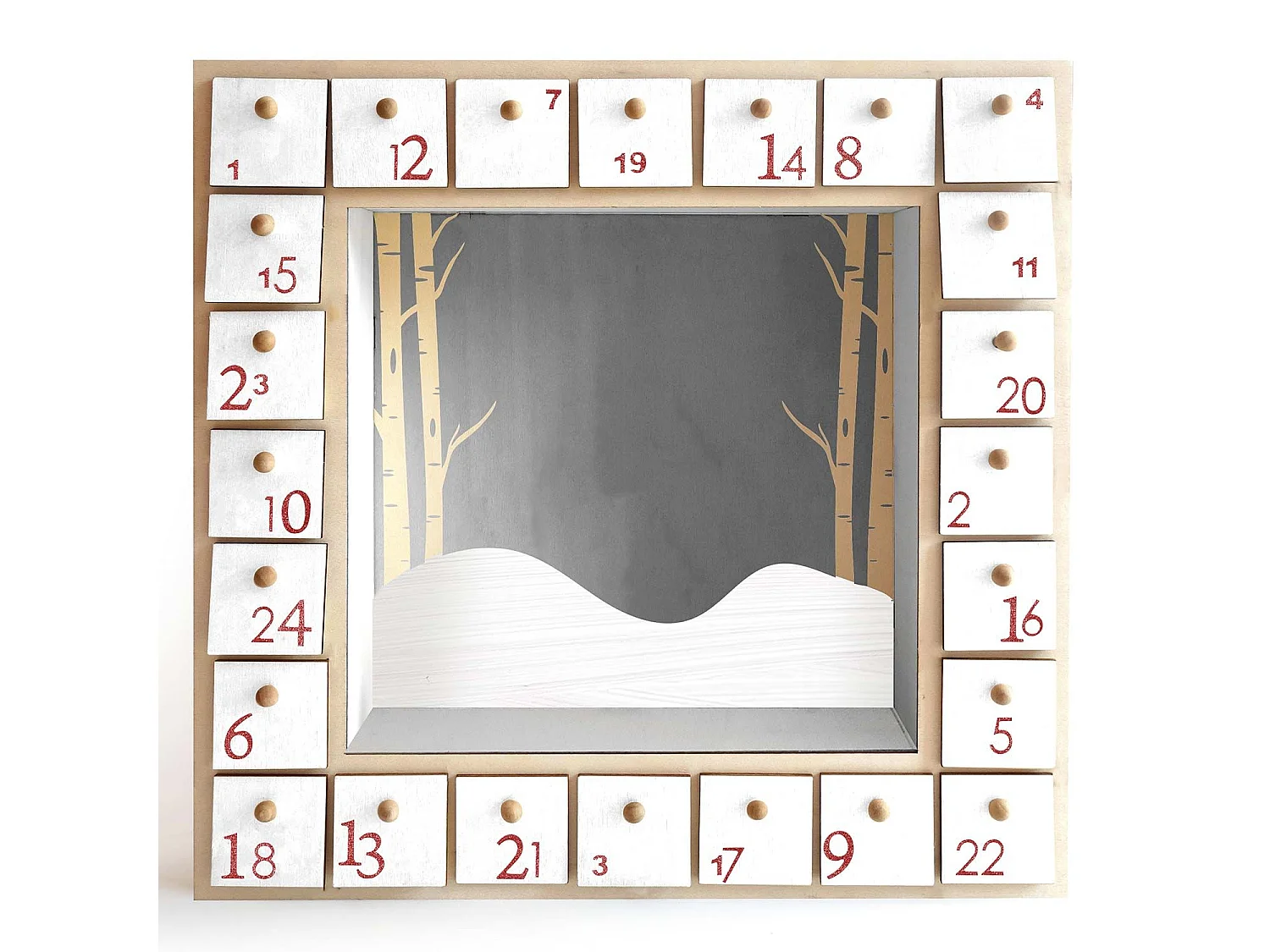 Quadratischer Adventskalender aus Holz 32 x 32 cm