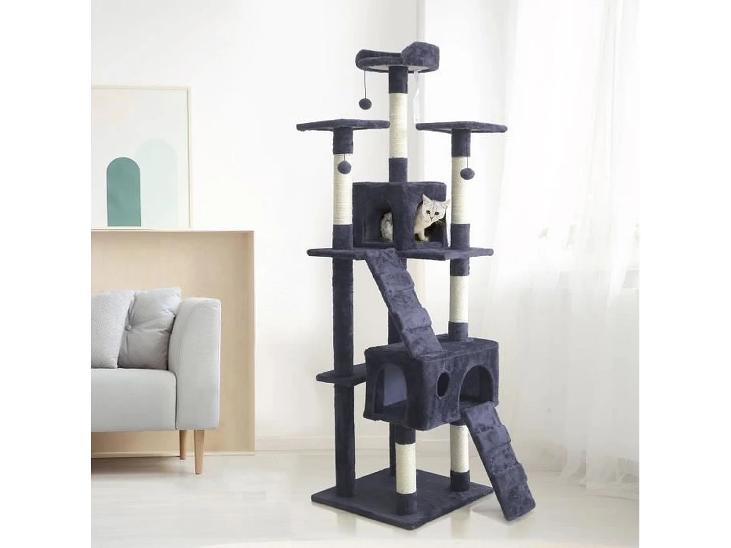Rascador para gatos 170 cm - Rascador + 2 Cabinas - Gris