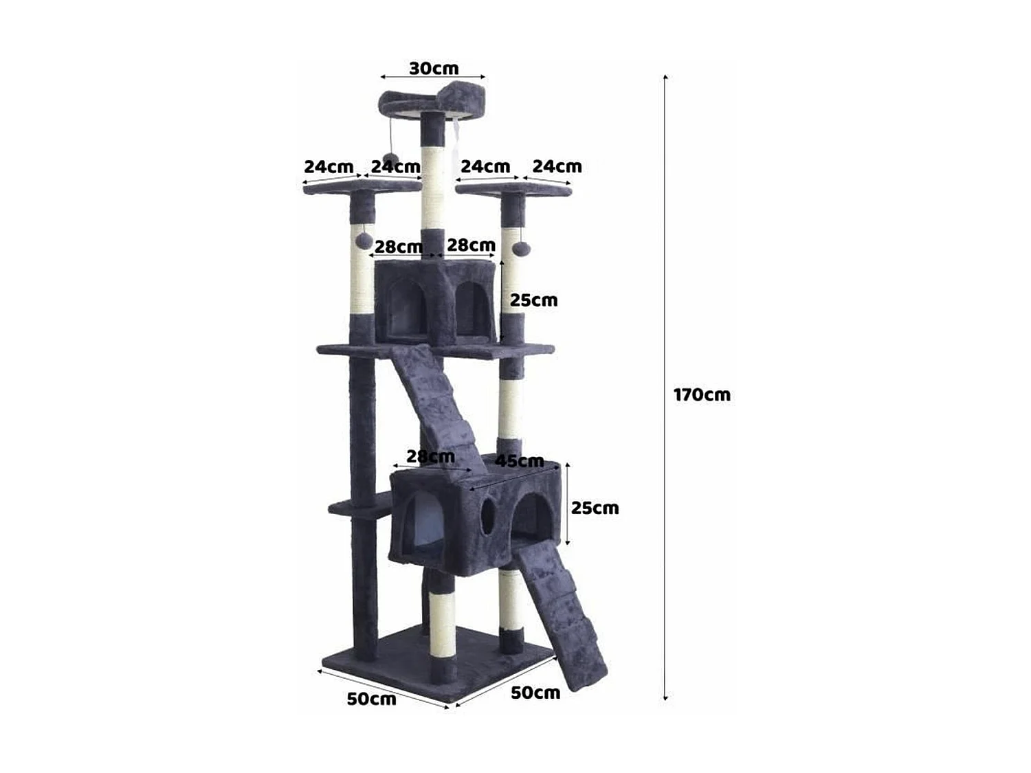 Rascador para gatos 170 cm - Rascador + 2 Cabinas - Gris