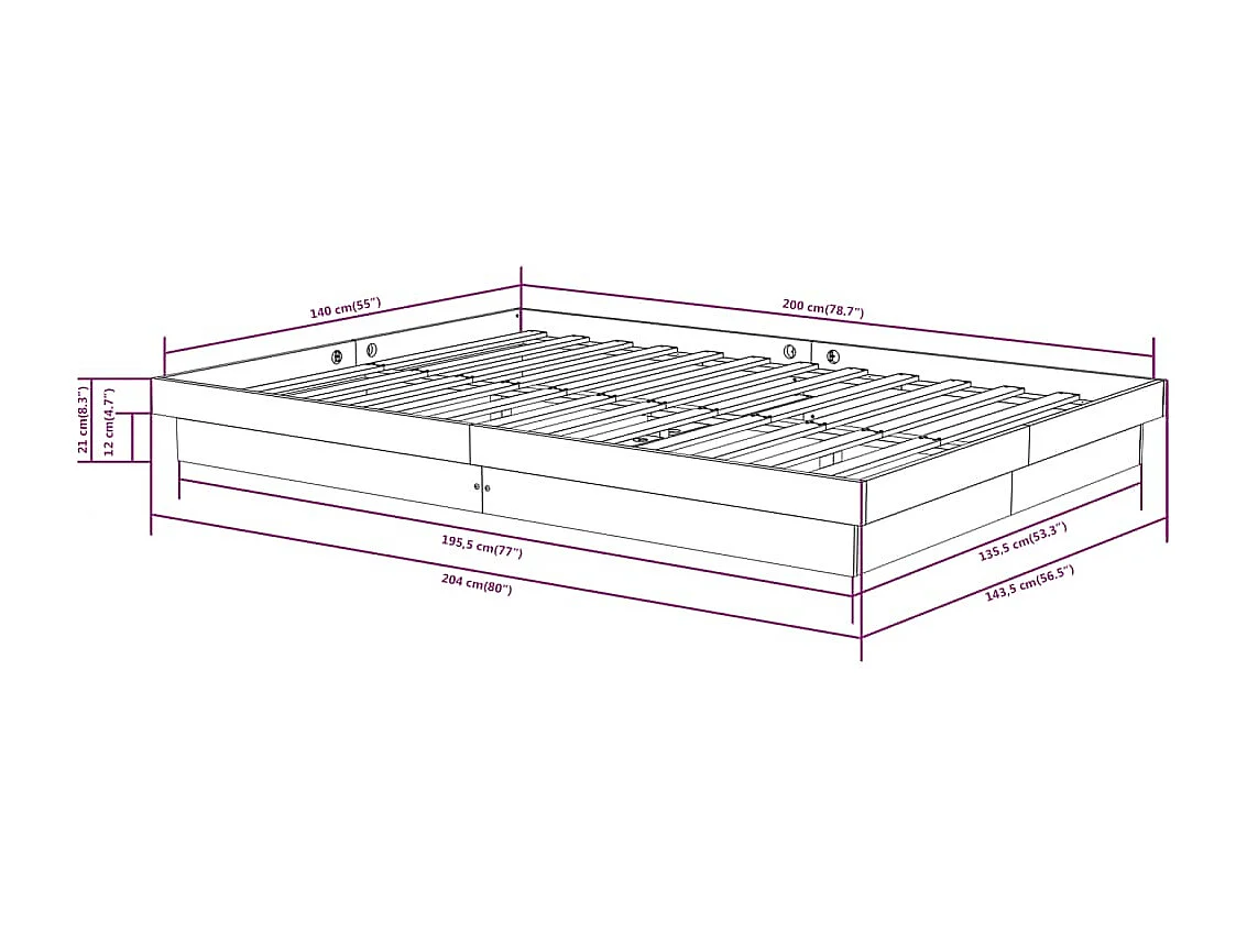 Bedframe massief hout wit 140x200 cm