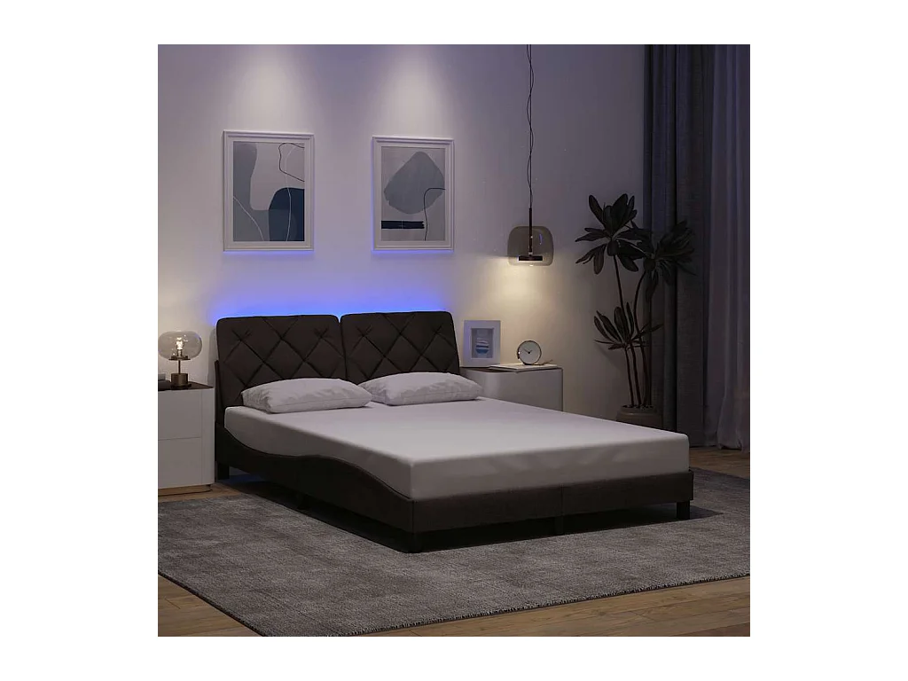 Cadre de lit avec LED sans matelas marron foncé 140x190cm tissu