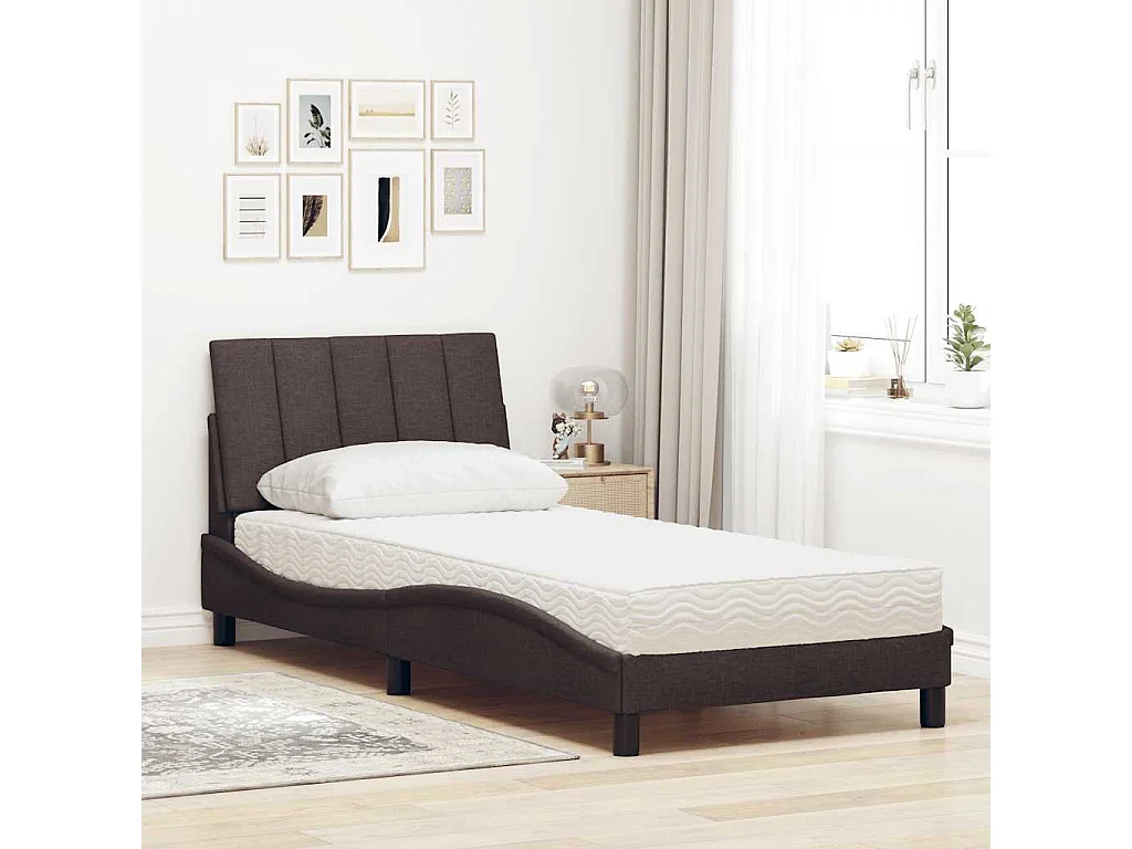 Lit avec matelas marron foncé 90x190 cm tissu