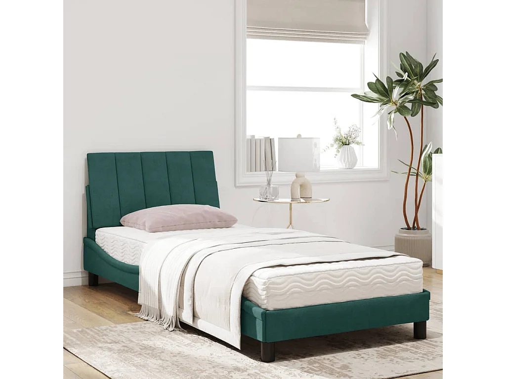 Lit avec matelas vert foncé 90x200 cm velours