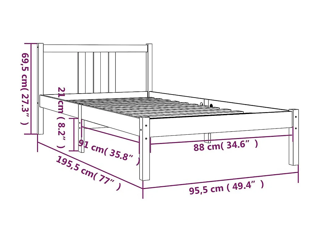 Cadre de lit Bois massif 90x190 cm Simple