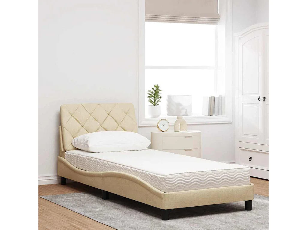 Cama com colchão 90x200 cm tecido cor creme