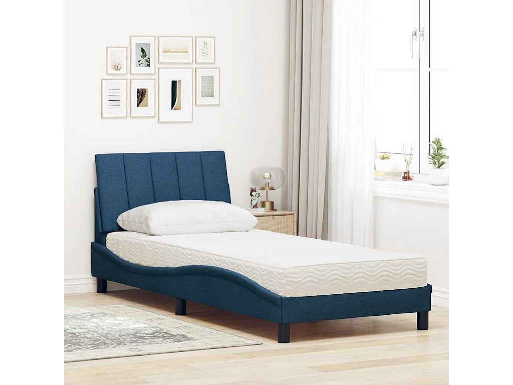 Lit avec matelas bleu 90x190 cm tissu