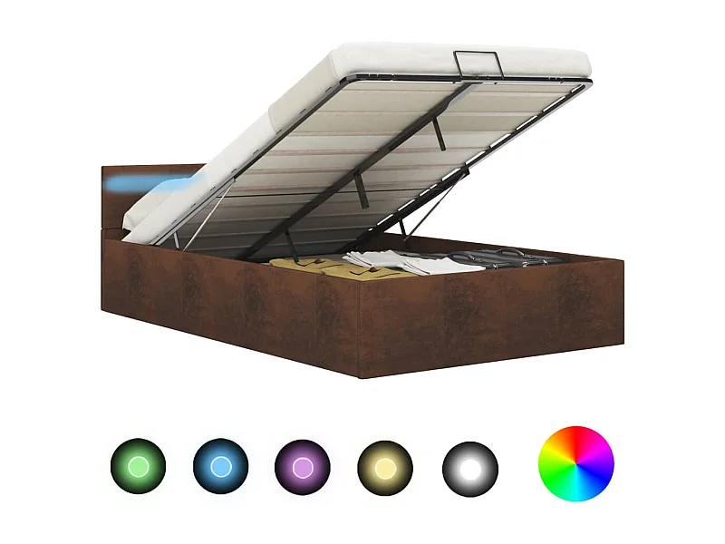 Cadre de lit à stockage hydraulique LED marron tissu 120x200 cm