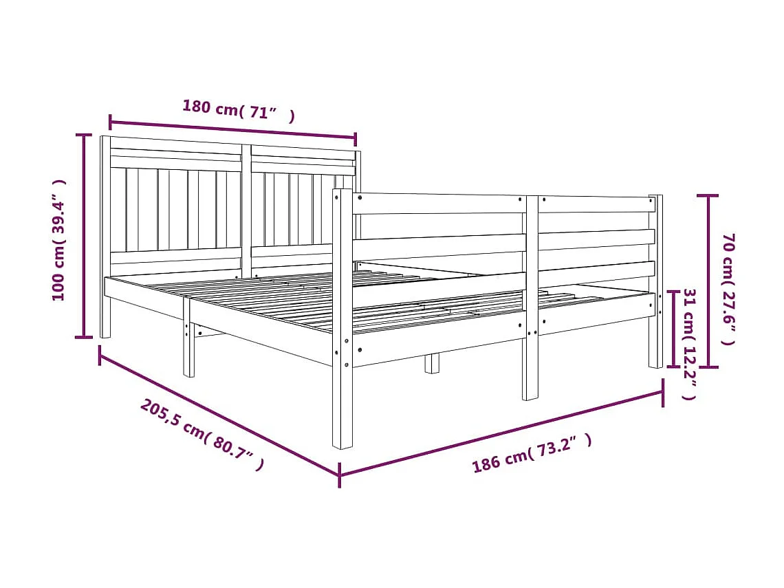 Cadre de lit Blanc Bois massif 180x200 cm Super King