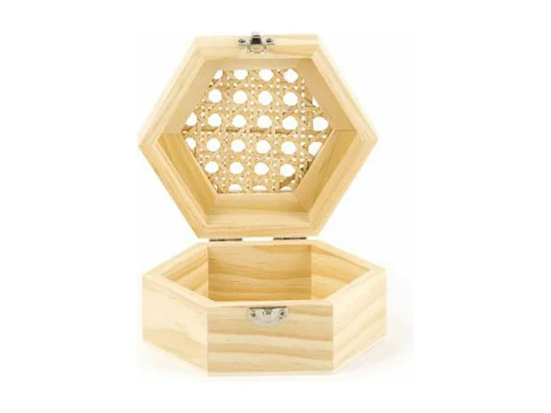 Boite en bois hexagonale et couvercle cannage 13 x 11 x 6 cm