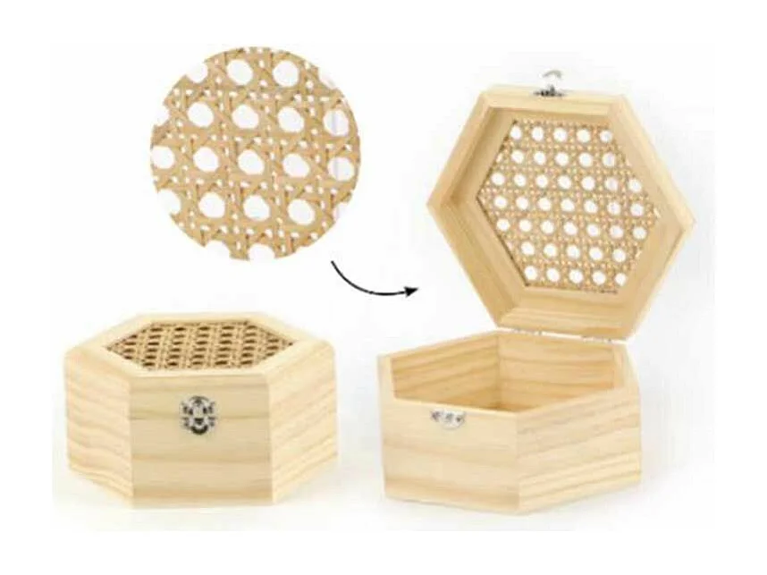 Boite en bois hexagonale et couvercle cannage 13 x 11 x 6 cm