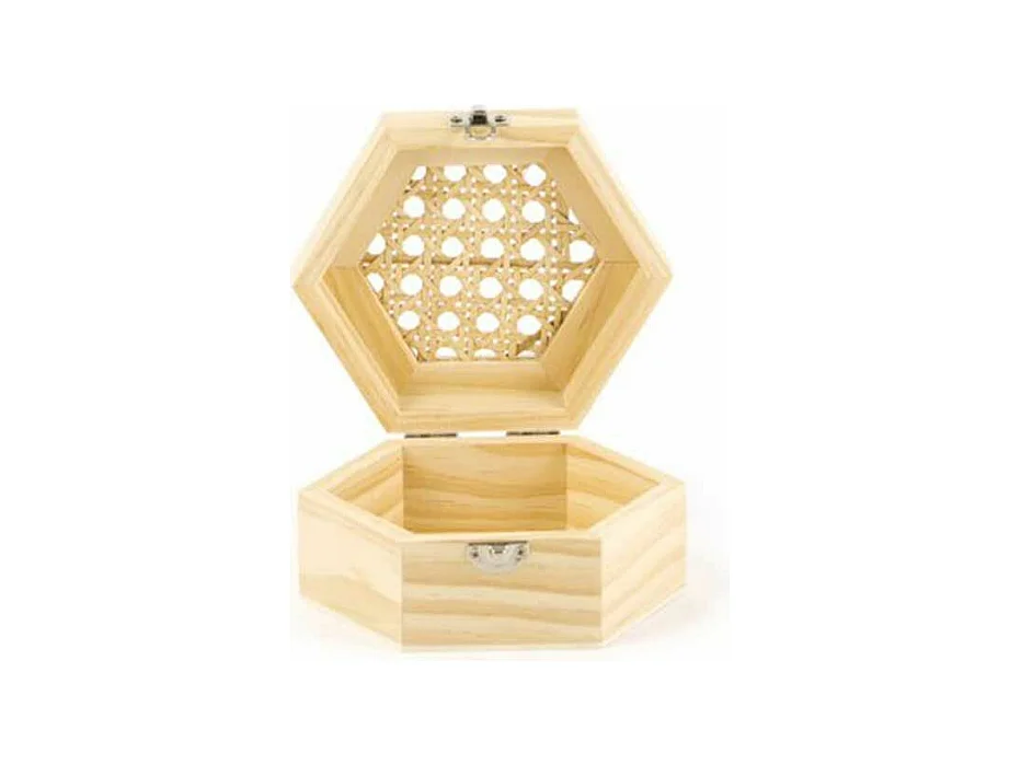 Boite en bois hexagonale et couvercle cannage 13 x 11 x 6 cm