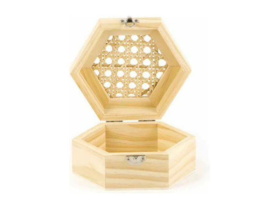 Boite en bois hexagonale et couvercle cannage 13 x 11 x 6 cm