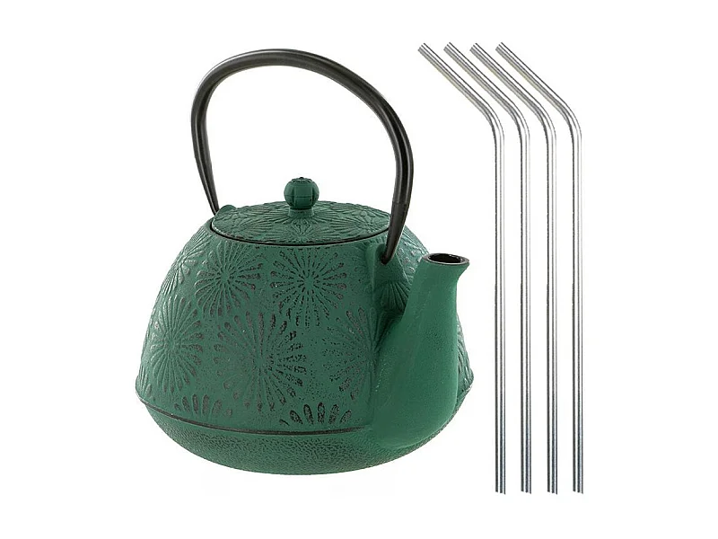 Smaragdgroene Hanami gietijzeren theepot 1,2 L + 4 roestvrijstalen rietjes