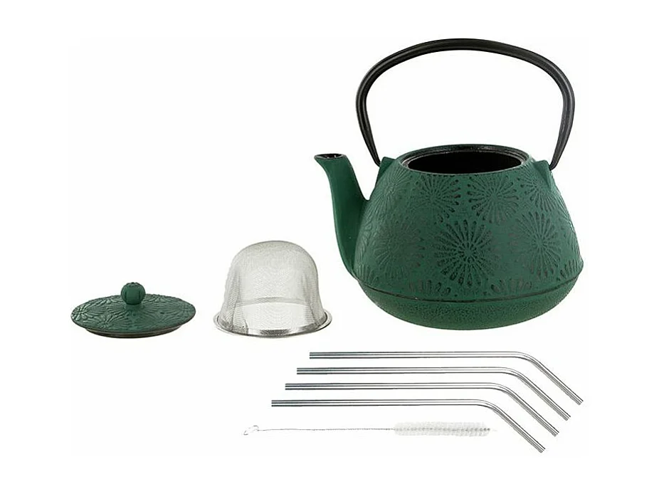 Tetera de hierro fundido Hanami verde esmeralda 1.2 L + 4 pajitas de acero inoxidable
