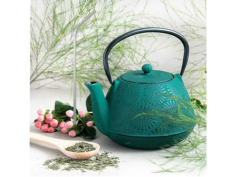 Tetera de hierro fundido Hanami verde esmeralda 1.2 L + 4 pajitas de acero inoxidable