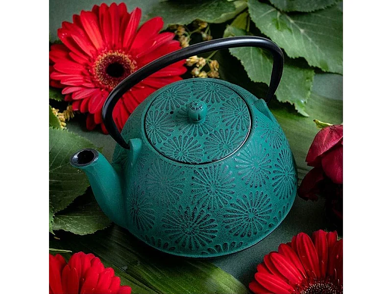 Tetera de hierro fundido Hanami verde esmeralda 1.2 L + 4 pajitas de acero inoxidable