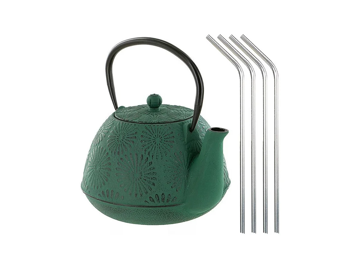 Théière en fonte Hanami vert émeraude 1,2 L + 4 pailles en inox