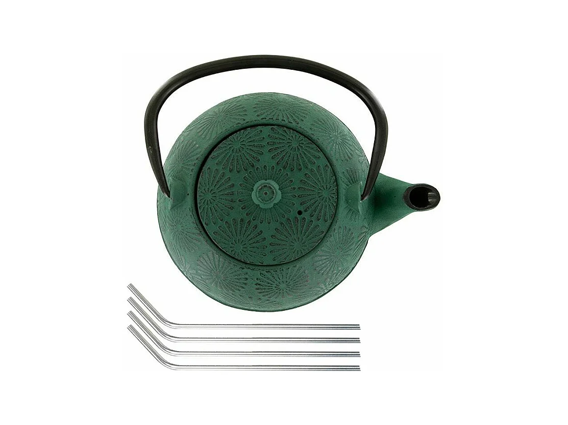 Théière en fonte Hanami vert émeraude 1,2 L + 4 pailles en inox