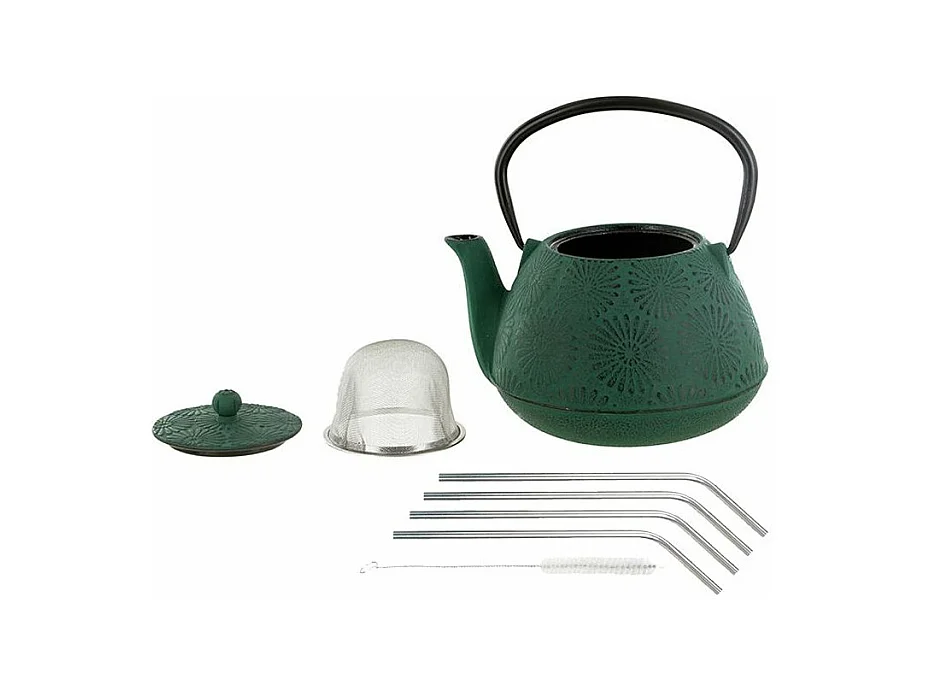 Théière en fonte Hanami vert émeraude 1,2 L + 4 pailles en inox