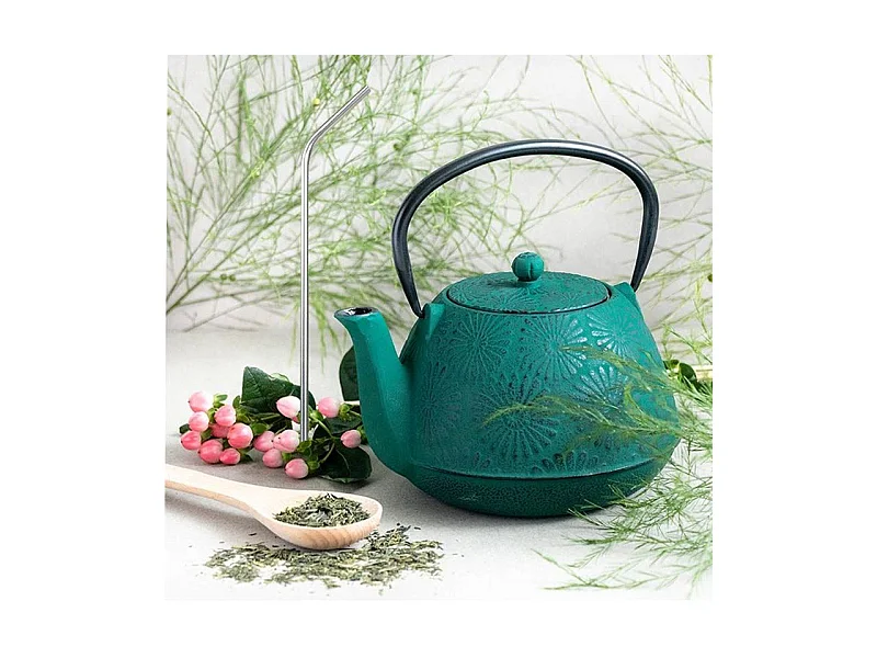 Théière en fonte Hanami vert émeraude 1,2 L + 4 pailles en inox