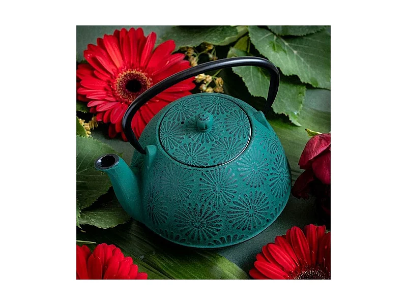 Théière en fonte Hanami vert émeraude 1,2 L + 4 pailles en inox