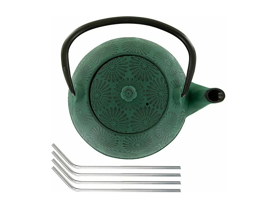 Théière en fonte Hanami vert émeraude 1,2 L + 4 pailles en inox