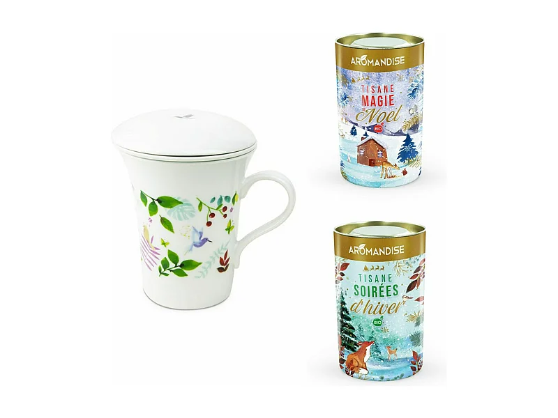 Tisanière fleurie porcelaine 250 ml + Tisanes Soirées d'Hiver et Magie de Noël