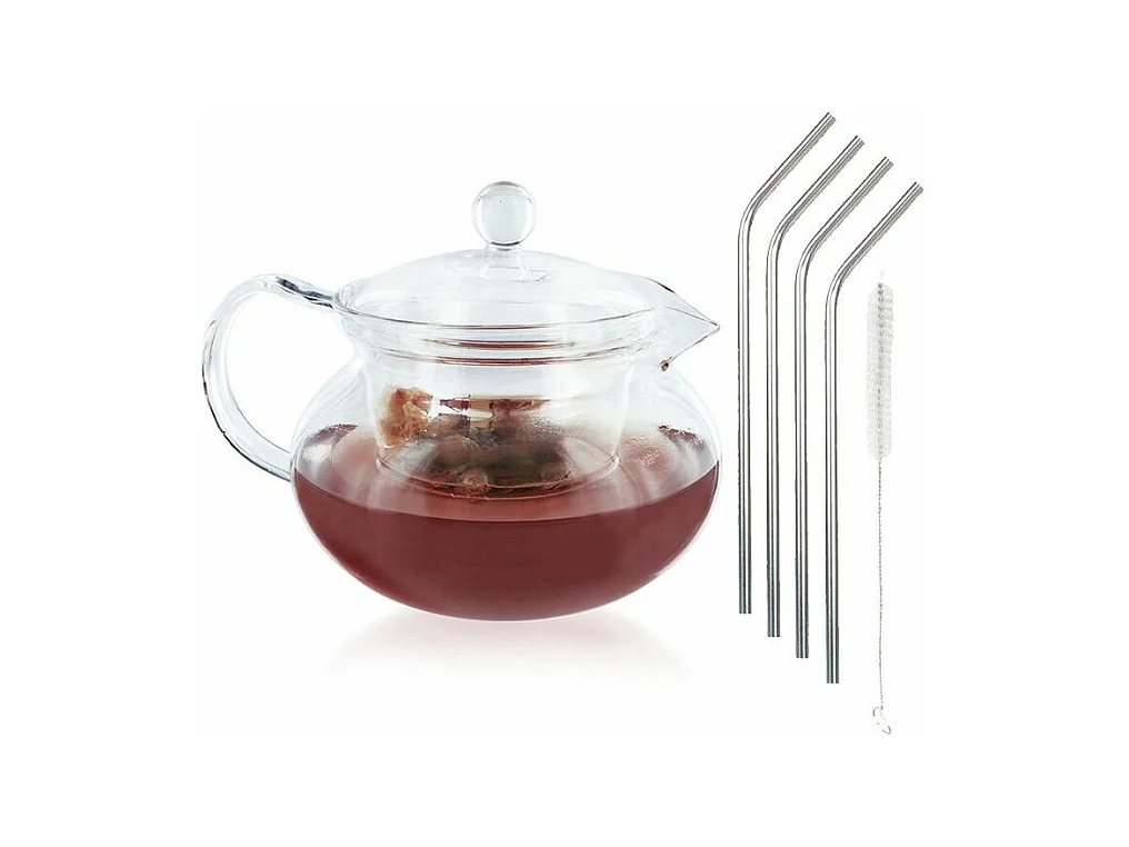 Théière en verre 45 cl + 4 pailles en inox