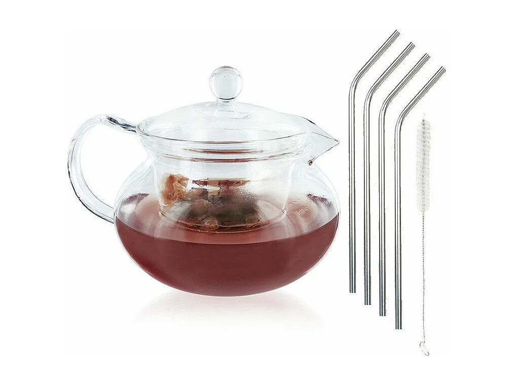 Tetera de cristal de 45 cl + 4 pajitas de acero inoxidable