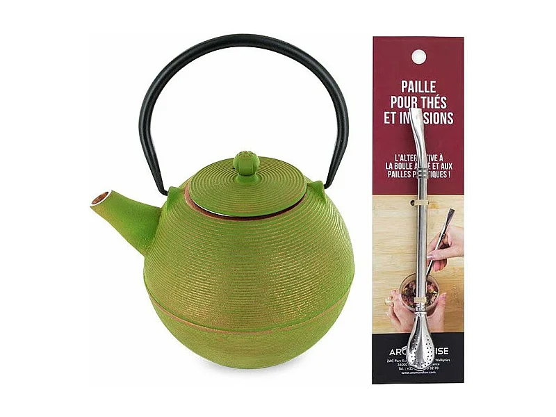 Ming gietijzeren theepot + roestvrijstalen rietje met filter