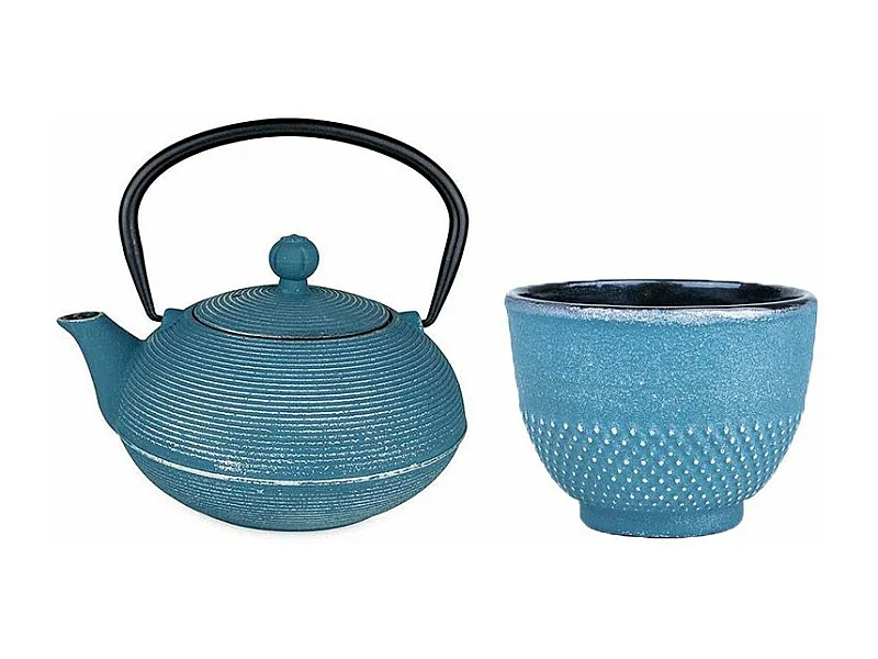 Asagao Blauwe Gietijzeren Theepot 0,9L + Blauwe en Zilveren Gietijzeren Kop